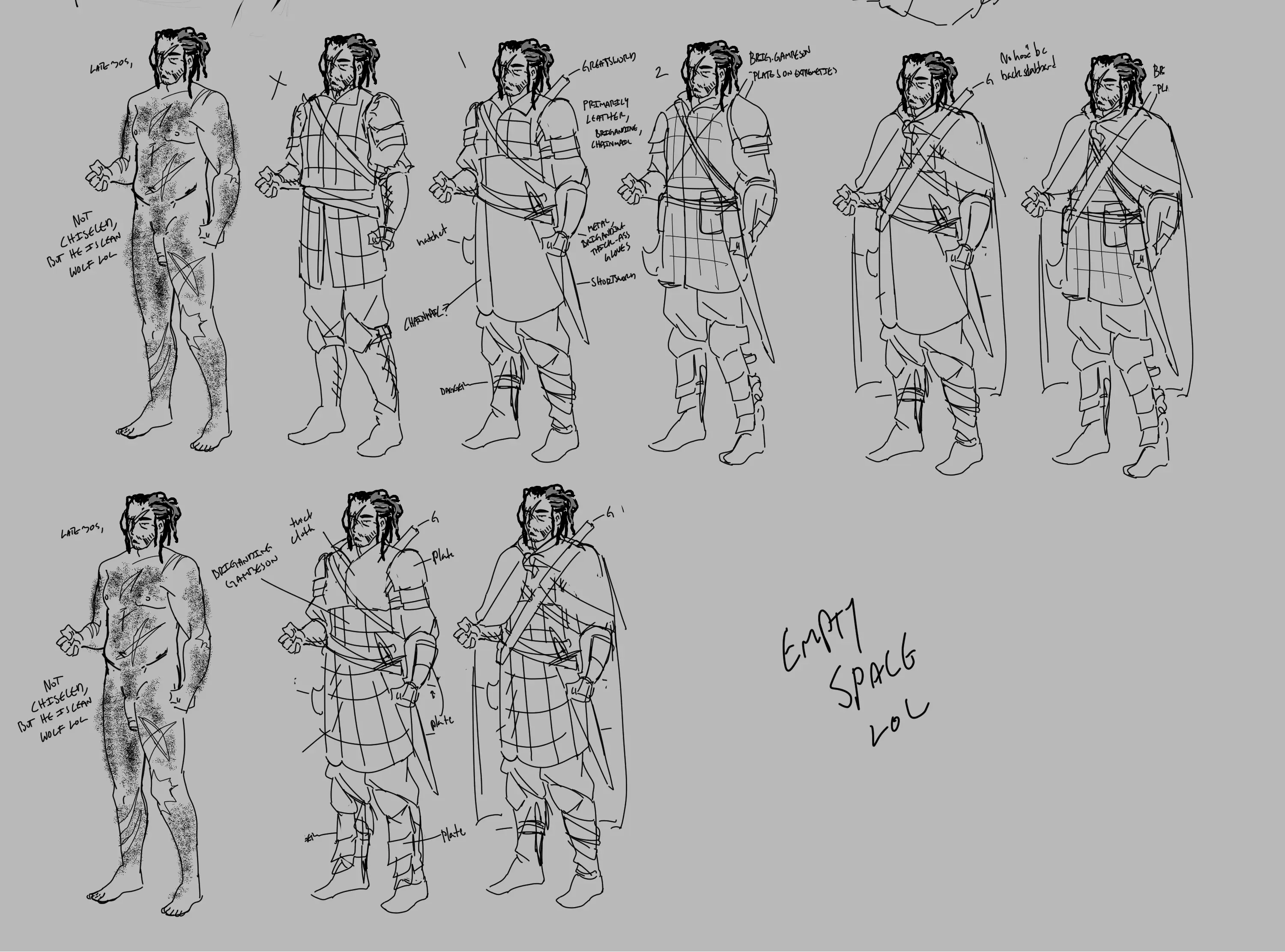 Quick design concepts for Arnou, a wolfish mercenary.